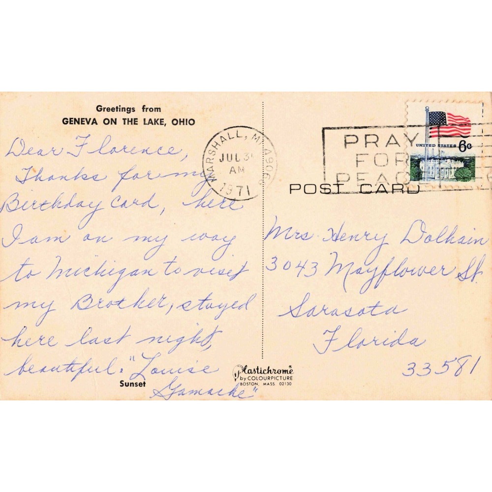 Vintage Geneva on the Lake Ohio Sunset Plastichrome Postcard 1971 Postmark VG - Picture 2 of 2